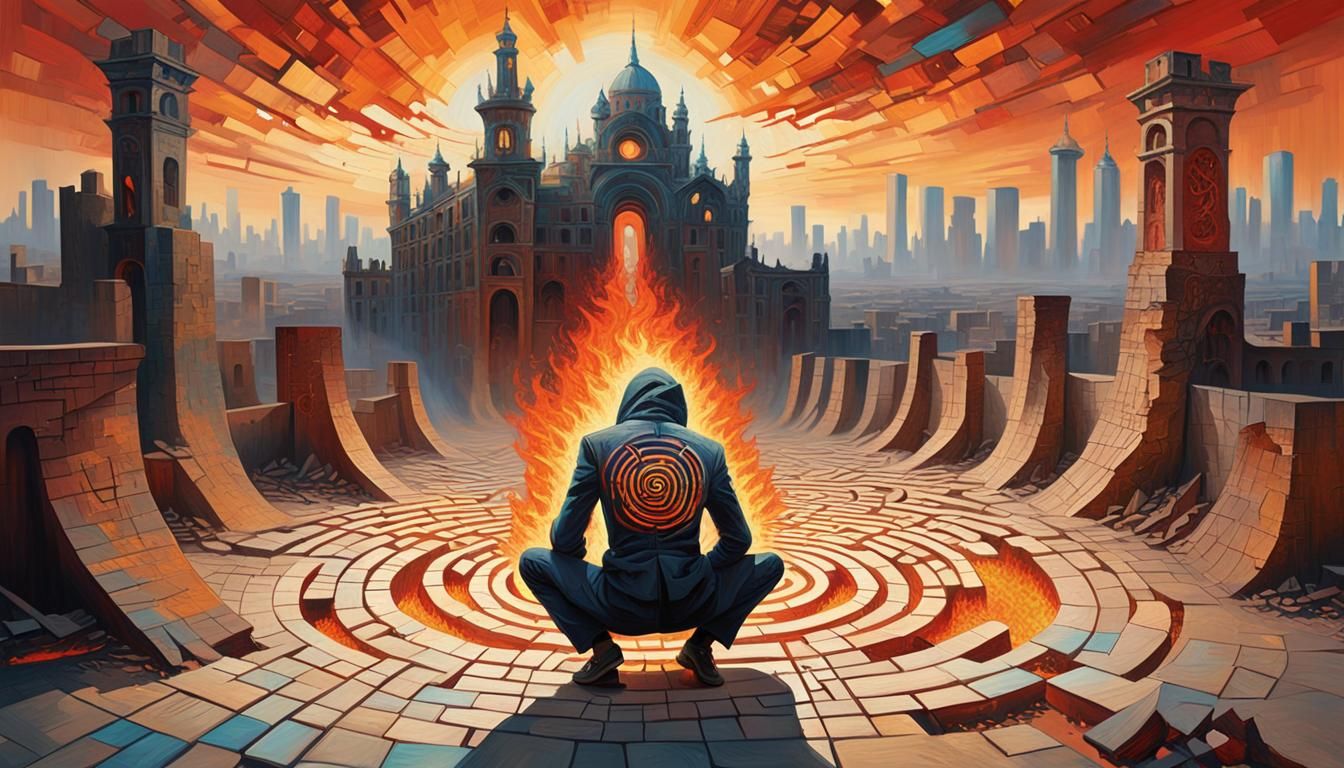 Flaming Cityscape: A Surreal Oil Painting