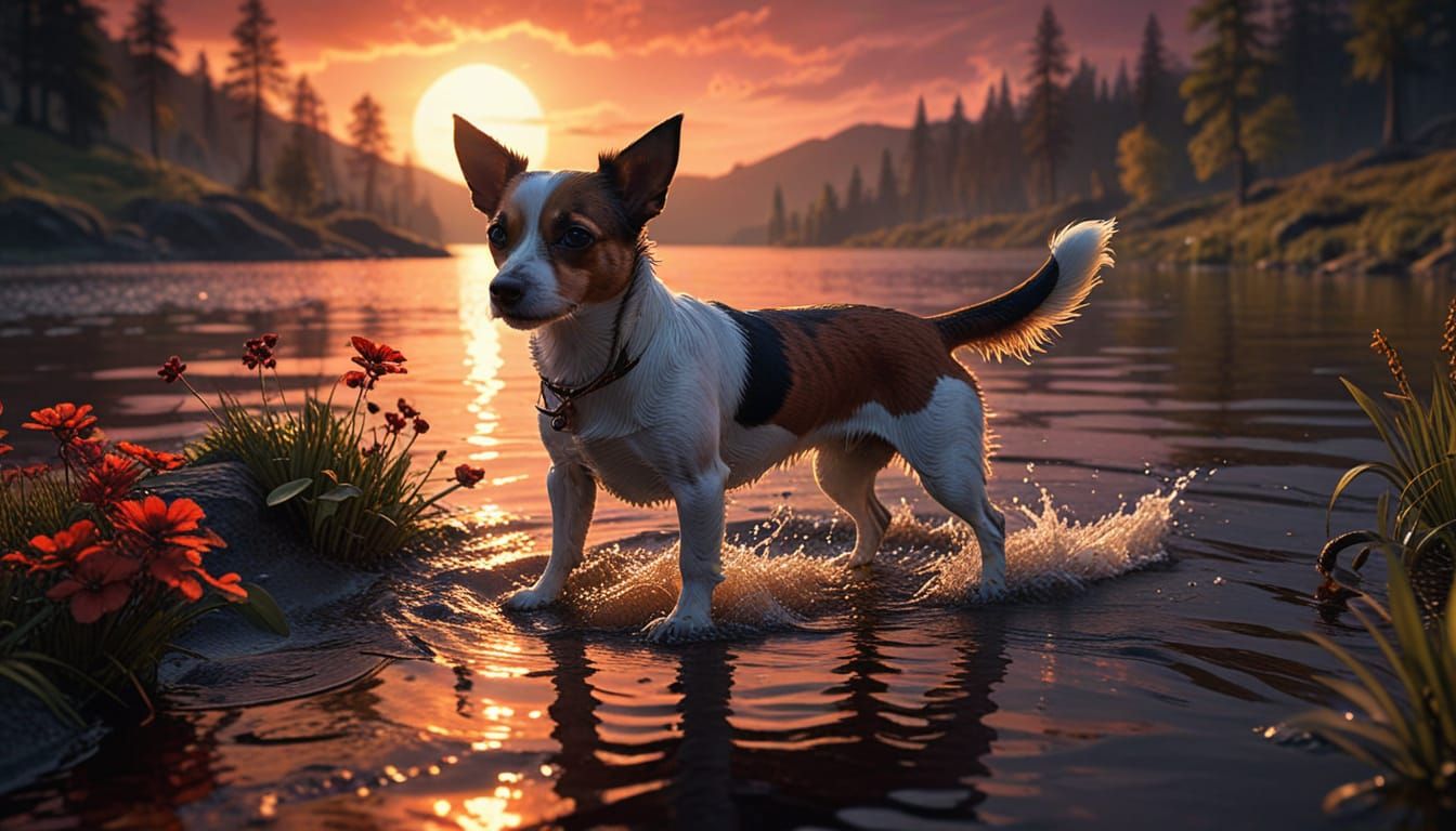 Terriers Play by Lake at Sunset: Dark Fantasy Art
