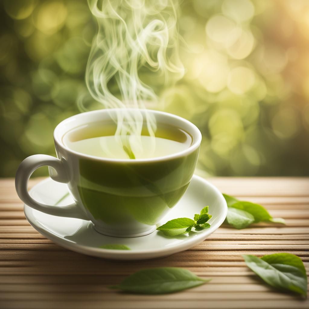 Steaming Green Tea in Porcelain Cup