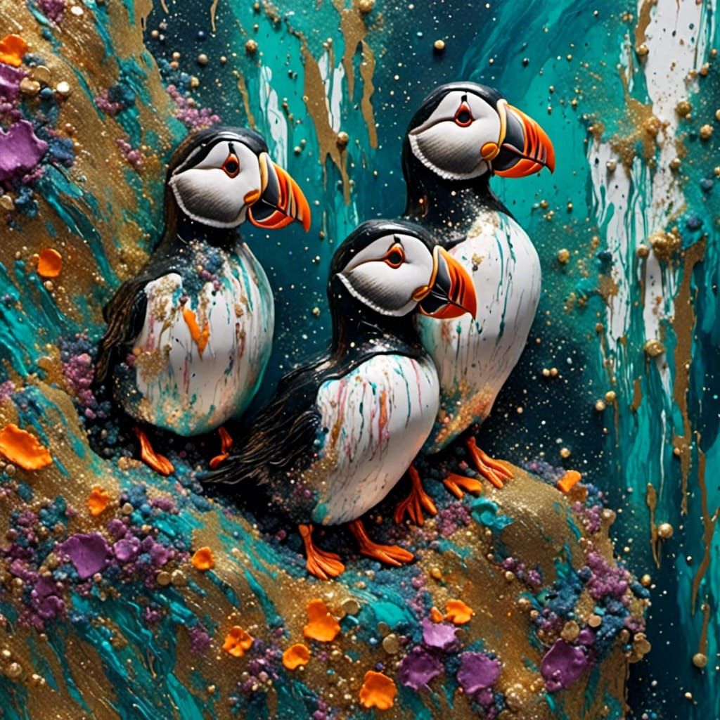 Colorful Puffins Nesting on Cliffs in 3D Acrylic