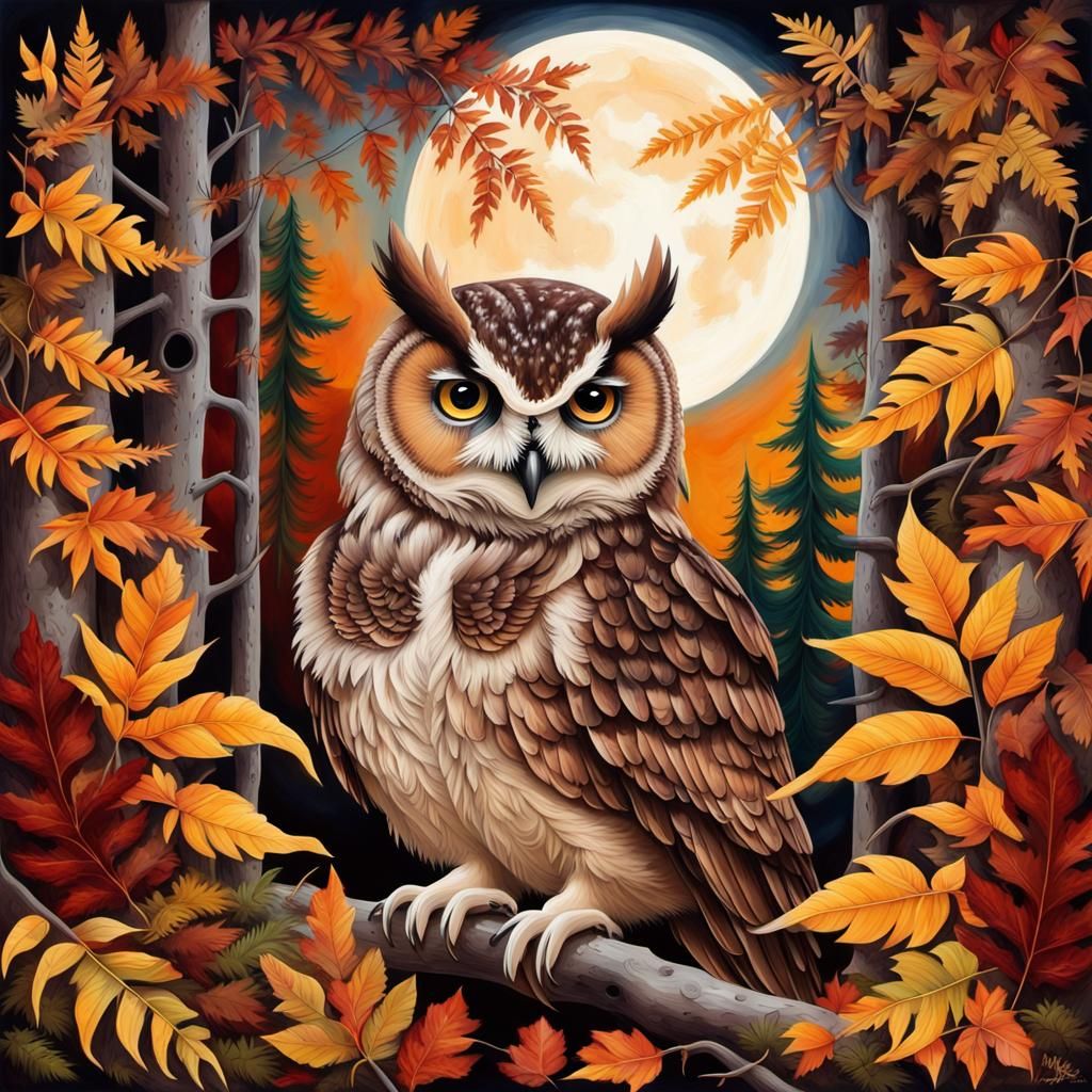 Mother Owl and Owlets in Autumn Leaves