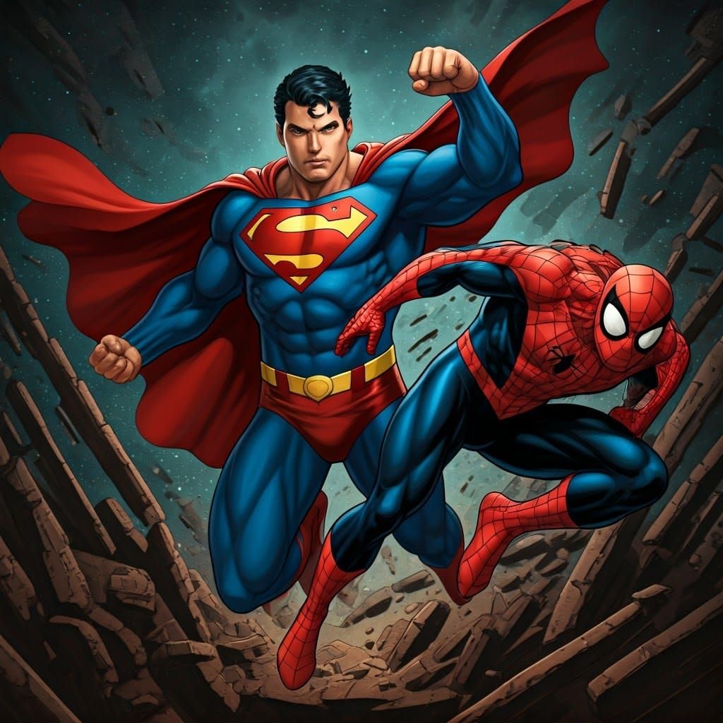 Superman and Spiderman Fighting Evil: Comic Book Art