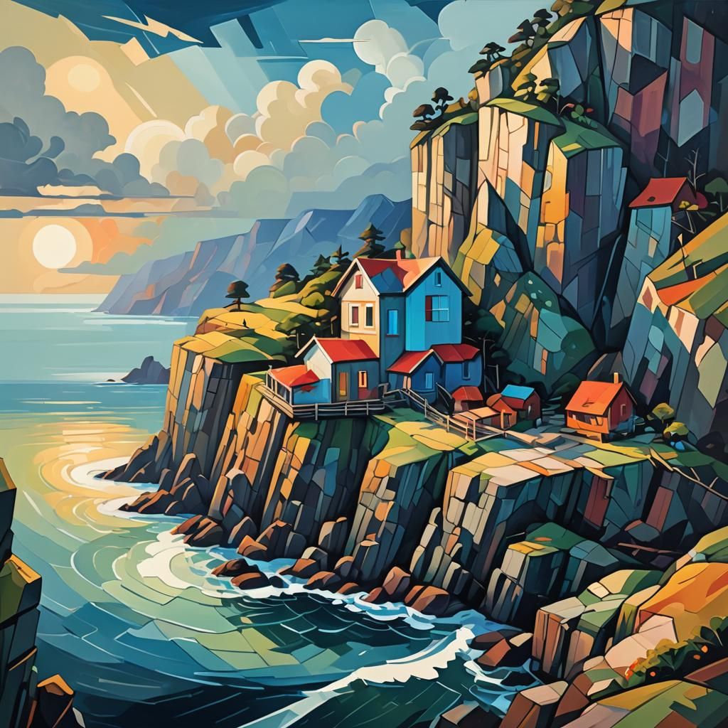 Seaside Cliffs Cabin in Cubist Oil Painting