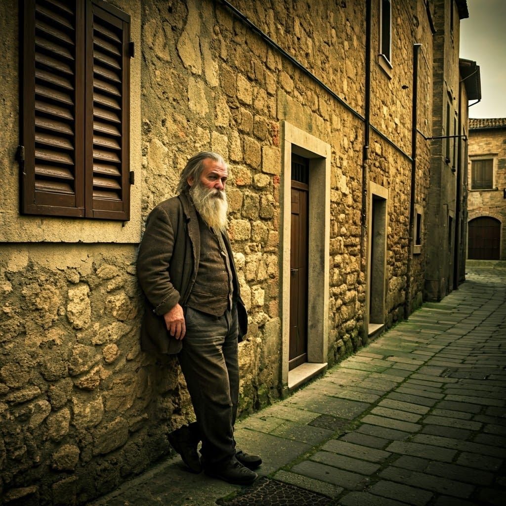 Melancholy Old Man in Italian Alleyway