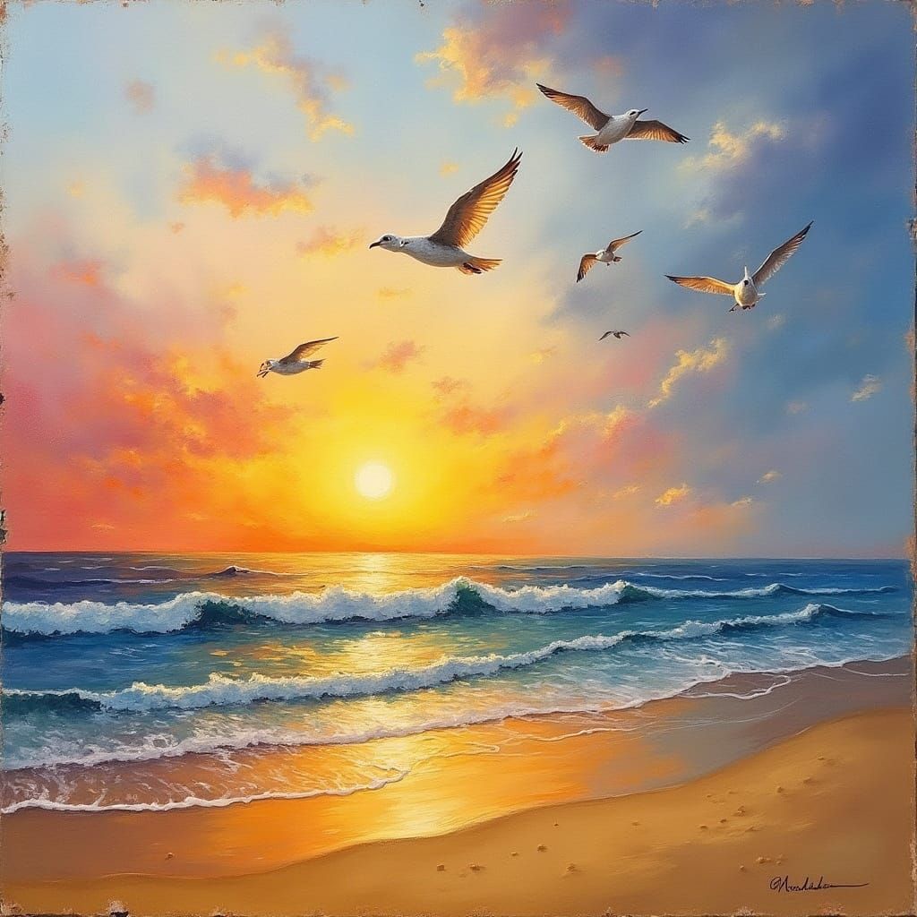 Golden Sunset Seascape with Gulls in Abstract Art