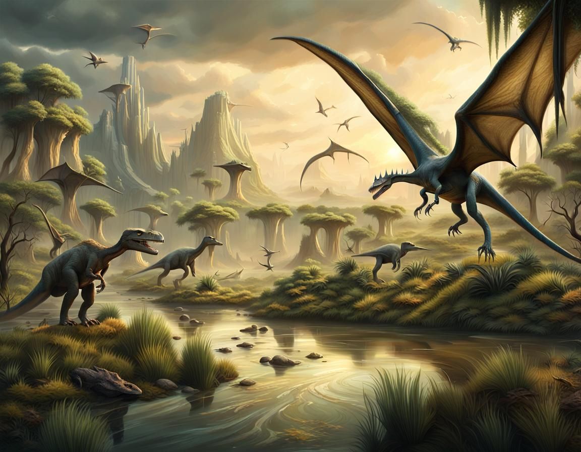 Primordial Landscape with Dinosaurs in Detailed Digital Art