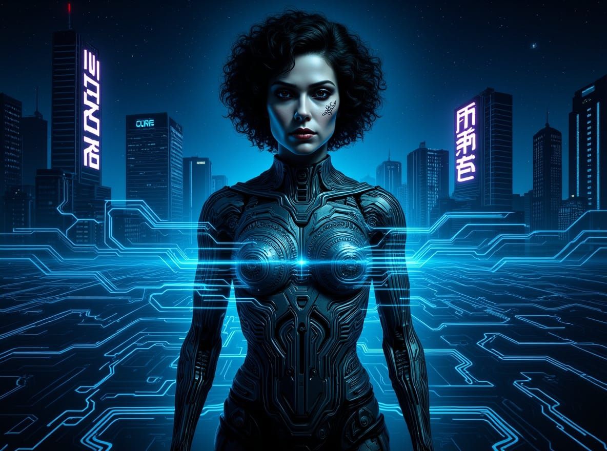 Cyborg Woman in Cyberpunk City, Digital Art
