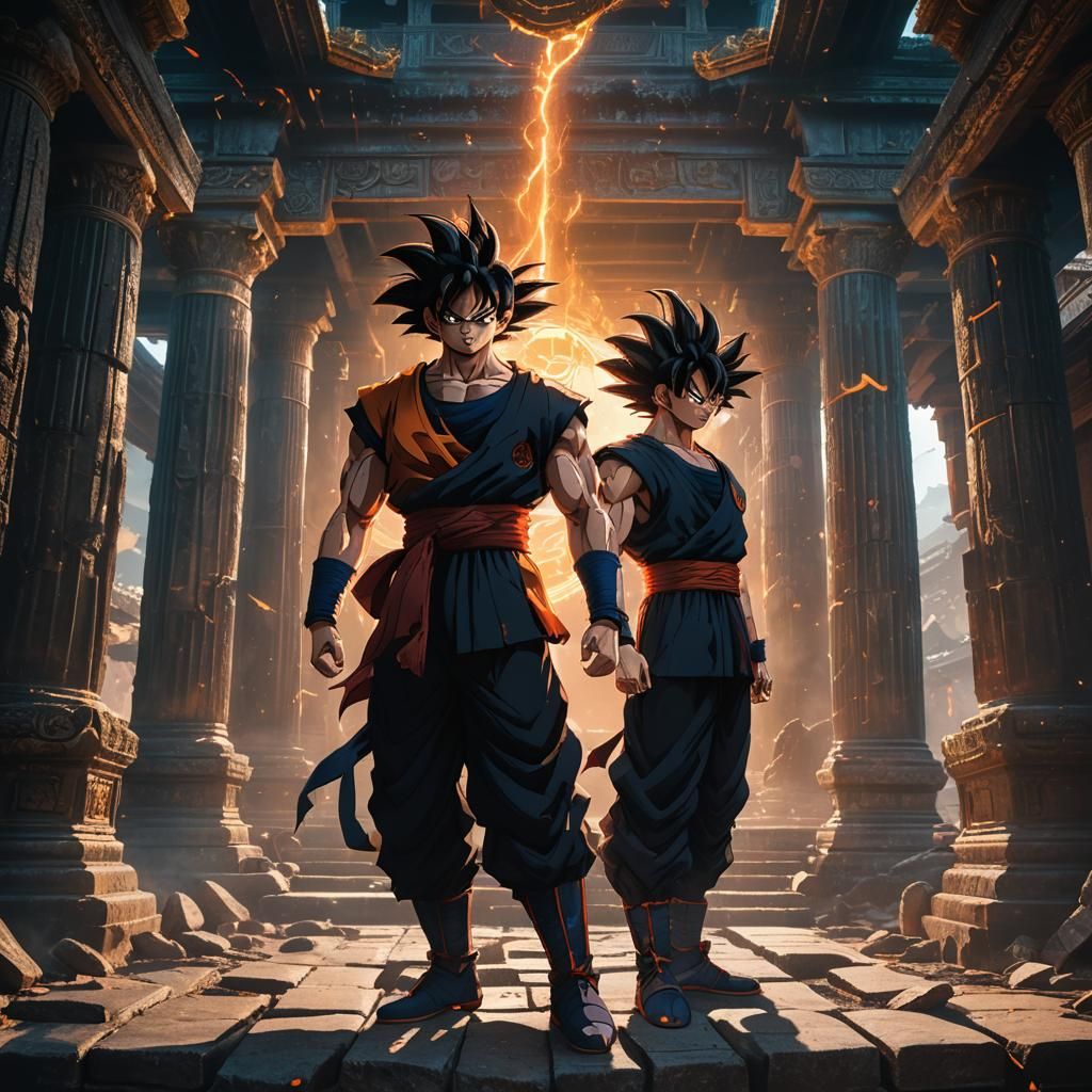 Goku Black in Ancient Temple: Dark Fantasy Concept Art