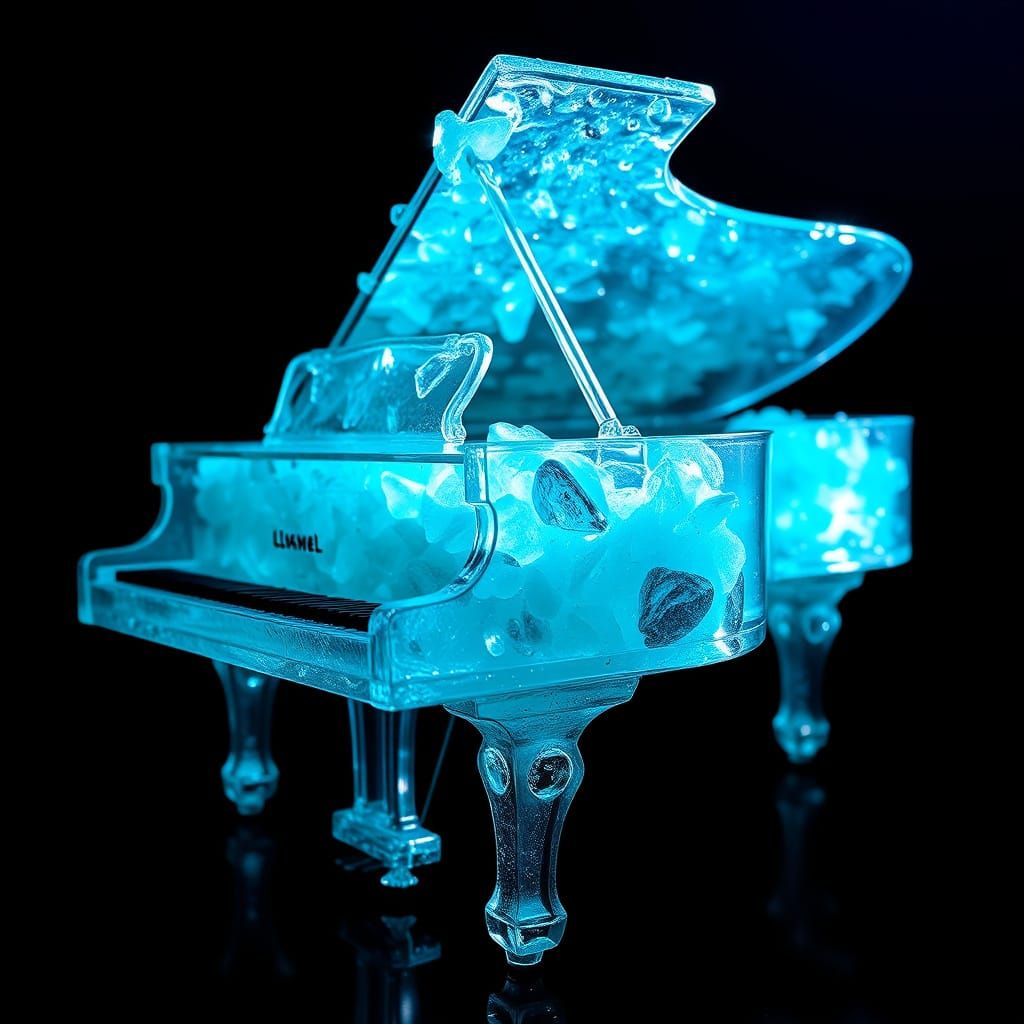 Luminous Sea Glass Piano in Hyperrealistic Splash Art