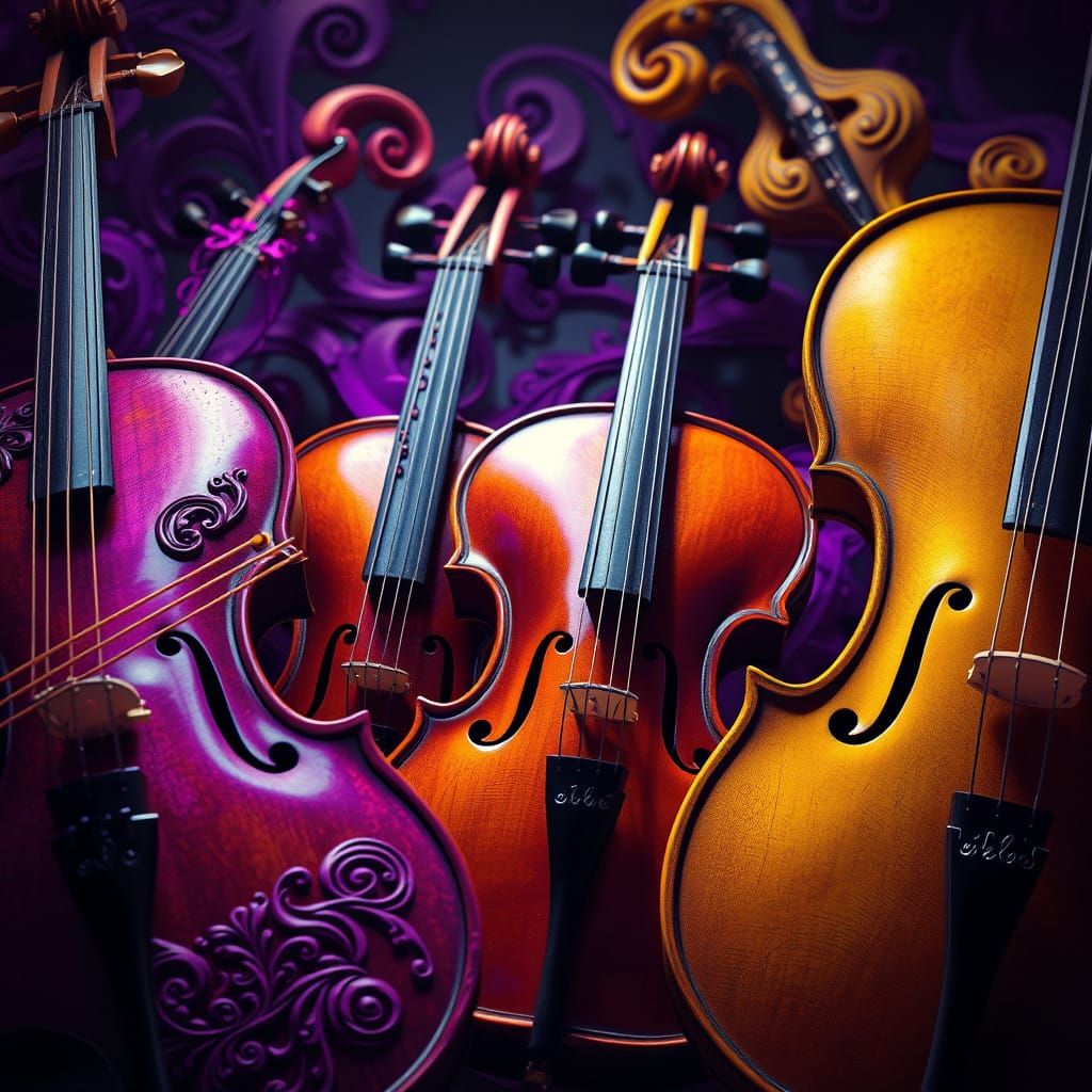 Swirling Orchestra of Violins, Cellos, and Flutes in Vibrant...