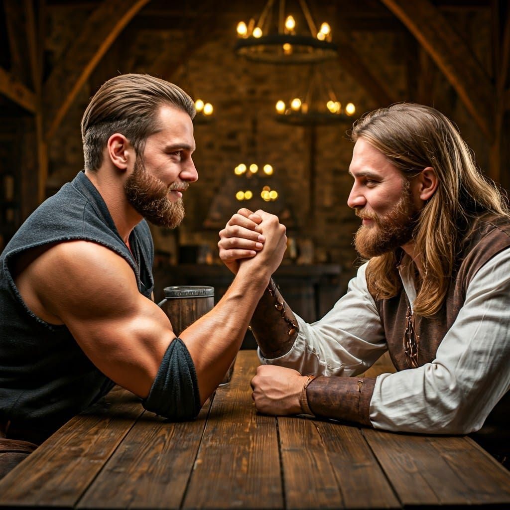 Medieval Tavern Arm Wrestling Scene in Bokeh Lighting