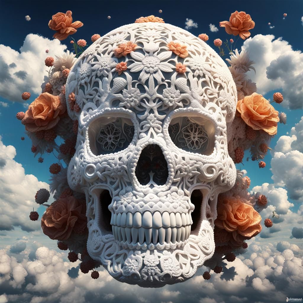 Crocheted Sugar Skull Cloudscape in Rococo Style