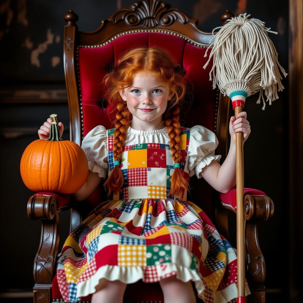 Red-Haired Girl on Shabby Throne with Pumpkin