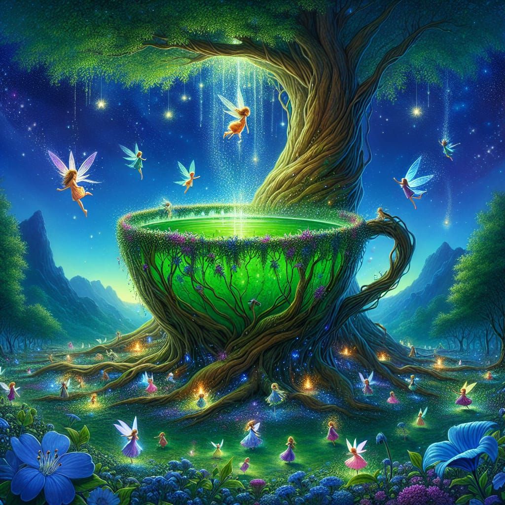 Enchanting Fairyland Under Indigo Sky with Dancing Fairies