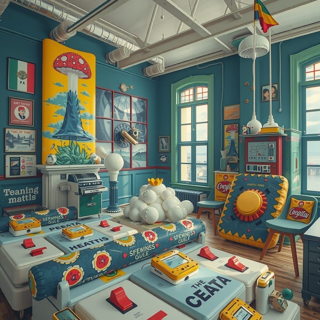 Mushroom Flags in Hazy Sky, Digital Art Style