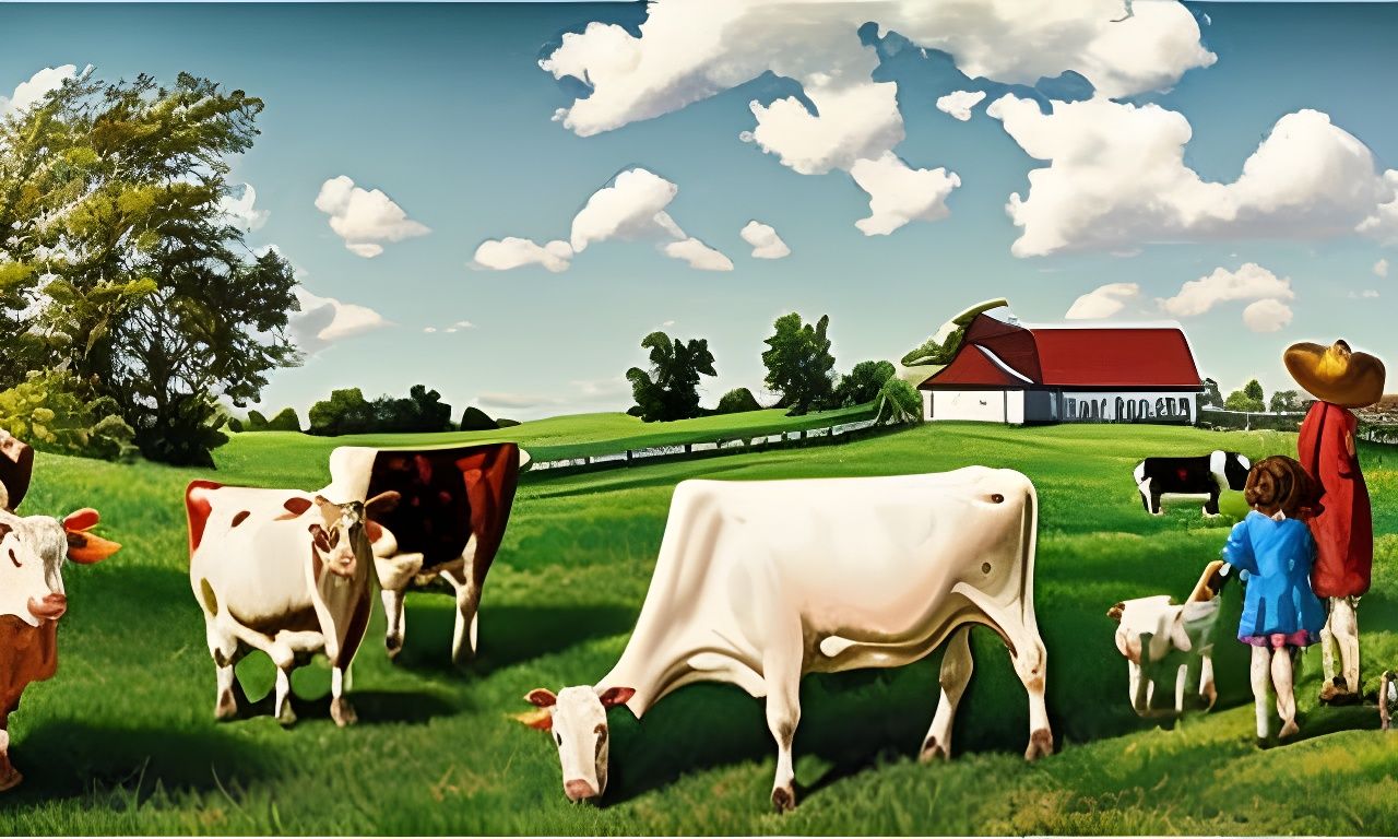 Farm Panorama with Cows, Family, and Vibrant Gouache