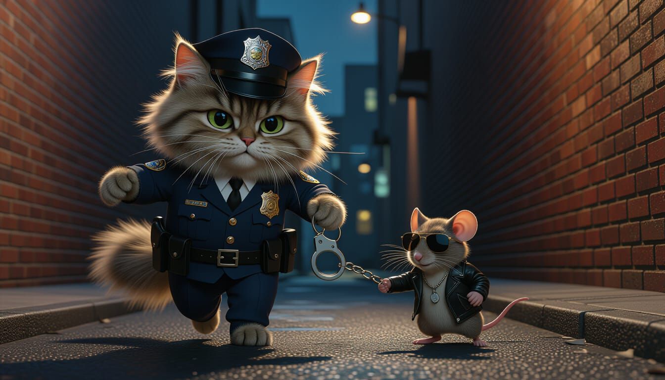 Fluffy Cat Cop Chasing Mouse in Cyberpunk City Alley