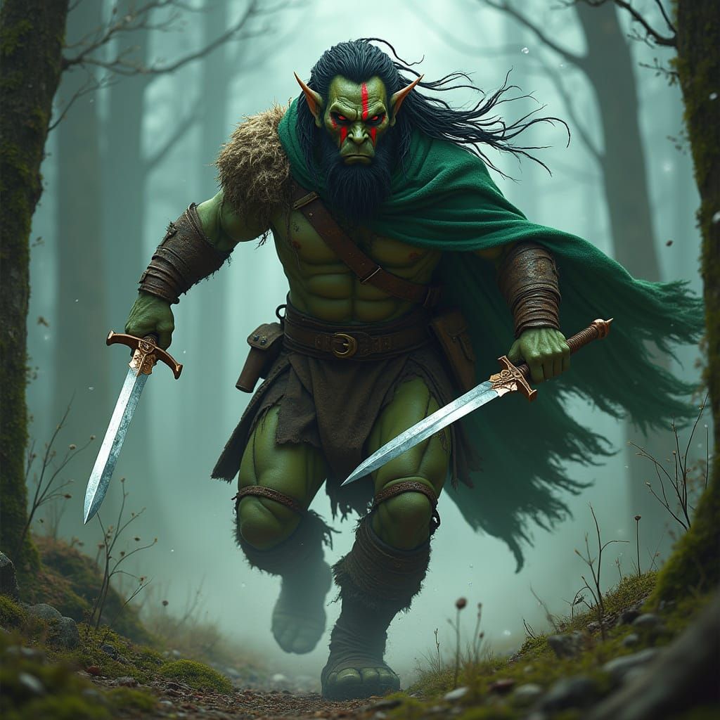 Orc Ranger Charging Through Foggy Woods in Dramatic Style