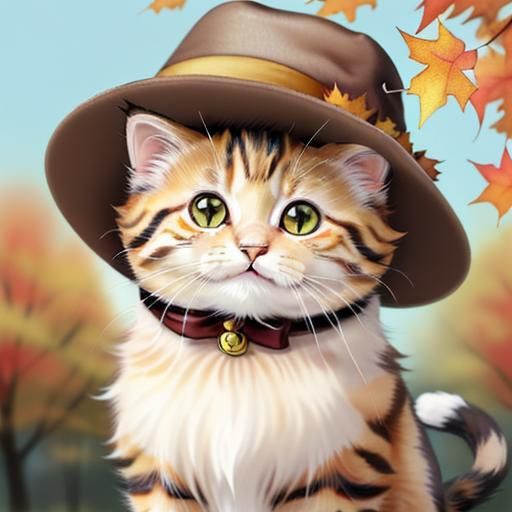 Cute Kitten in Pilgrim Hat, Chibi Anime Style