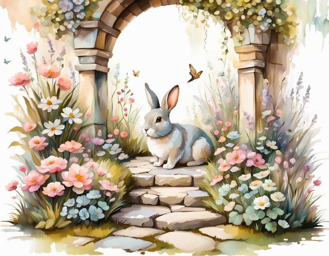 Pastel Garden Scene with Flowers and Bunny