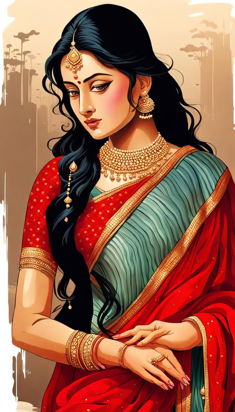 Beautiful Woman in Red Saree, Hyperrealistic Portrait