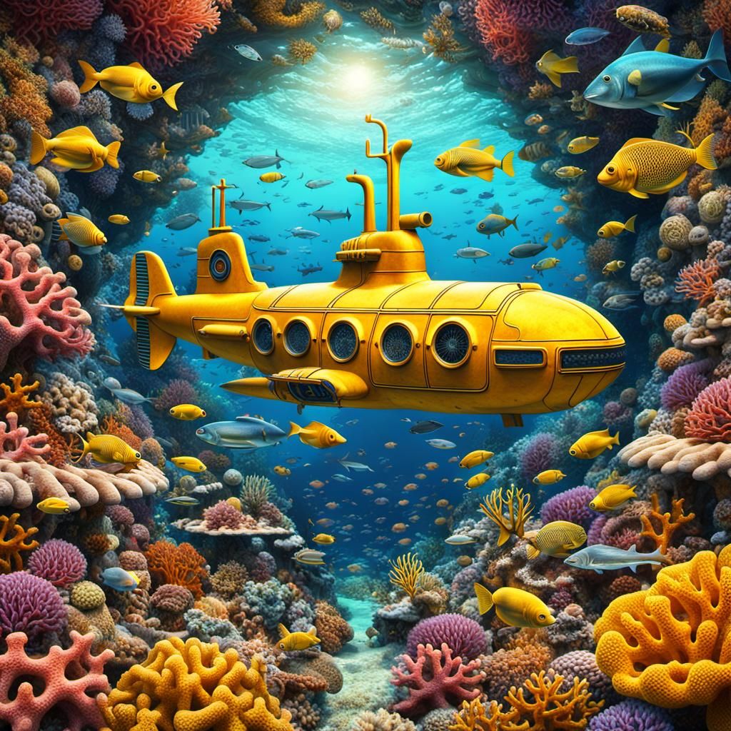 Yellow Submarine in Kaleidoscopic Coral Seascape