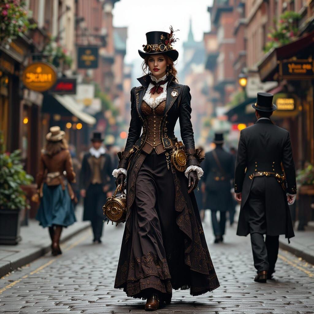 Steampunk Street Scene with Victorian Citizens