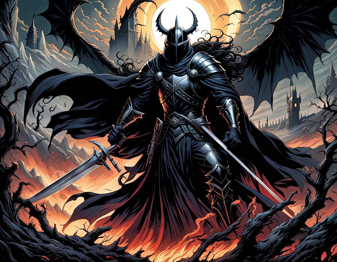 Gritty, Grimdark, Dark Fantasy, Black knight with a Long tattered pitch black cloak  in a Eerie dark Fantasy Dark landsc...