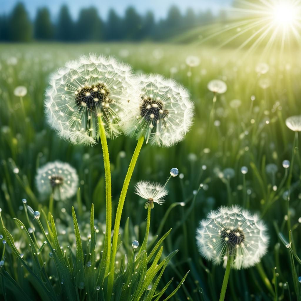Dandelions in Dew-Kissed Meadow: A Morning Scene