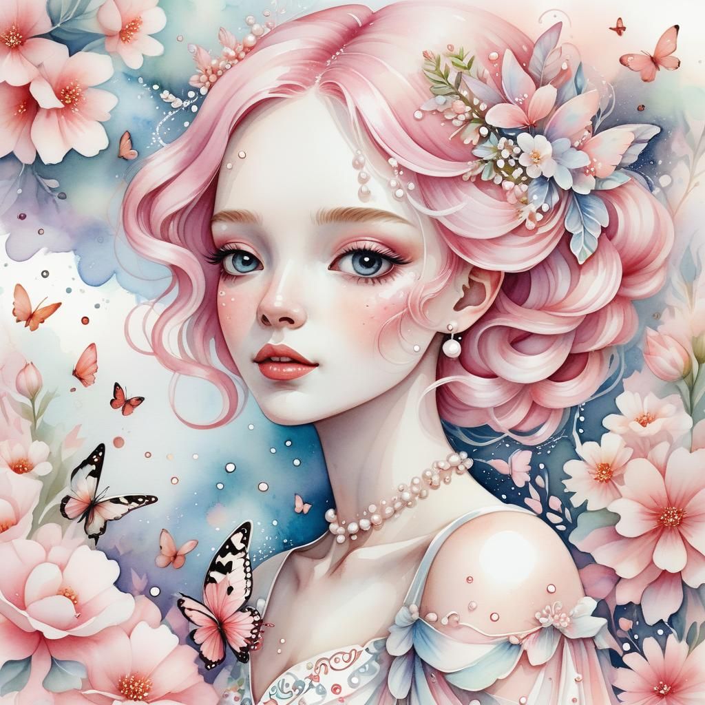 Dreamy Watercolour Portrait of Girl with Pink Hair
