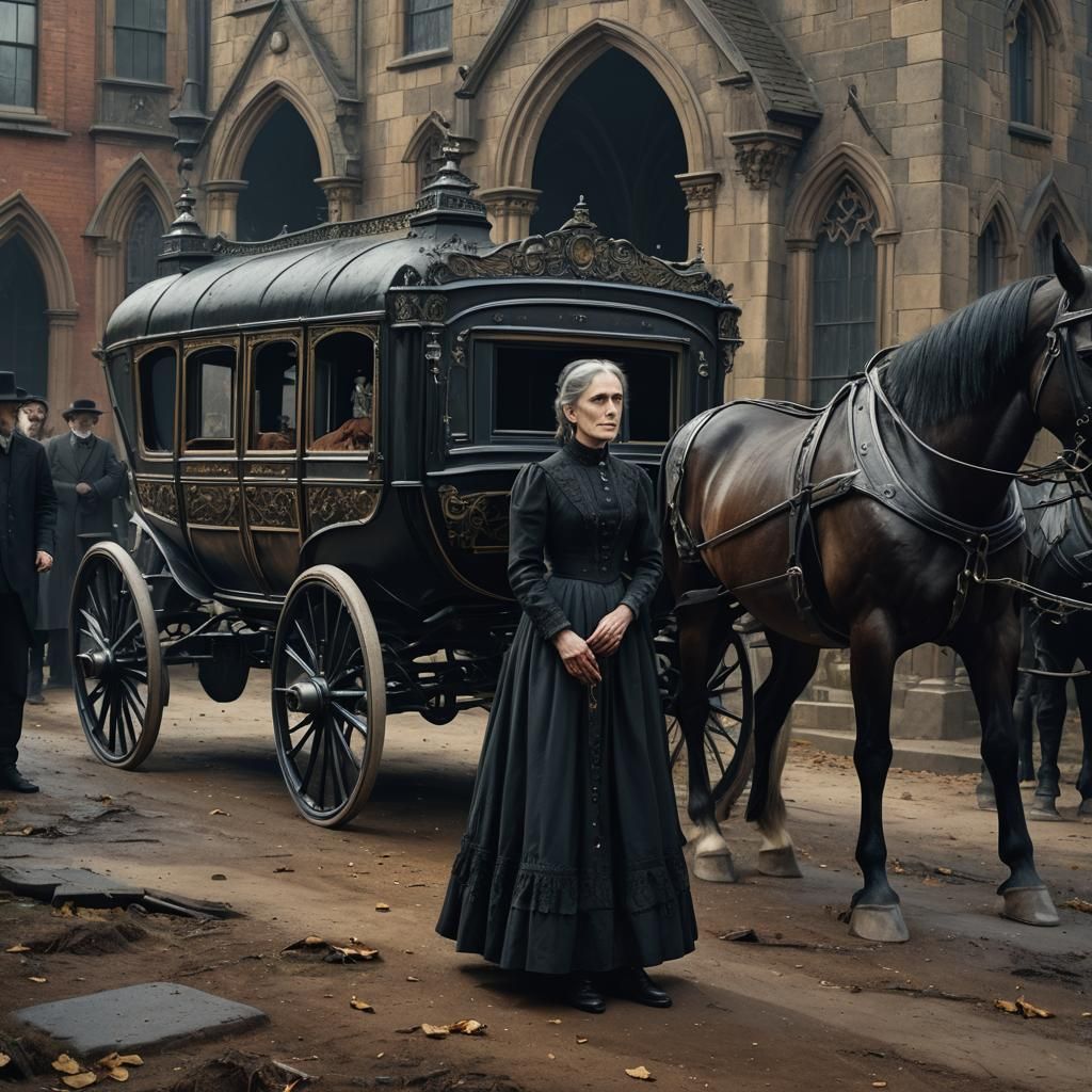 Gothic Victorian Mourner Stands Beside Hearse in Epic, Hyper...