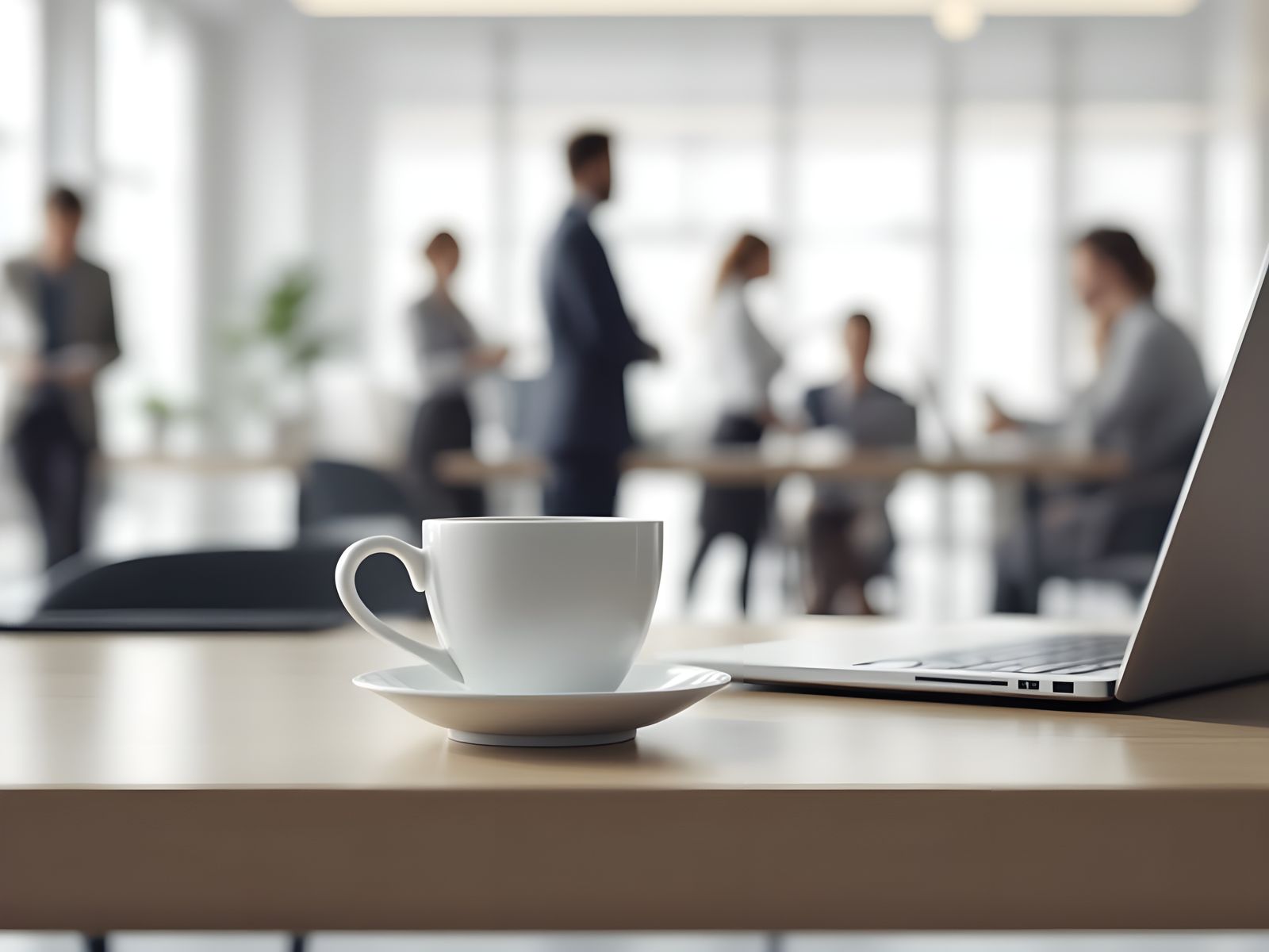 White Coffee Cup and Laptop in Clean Office