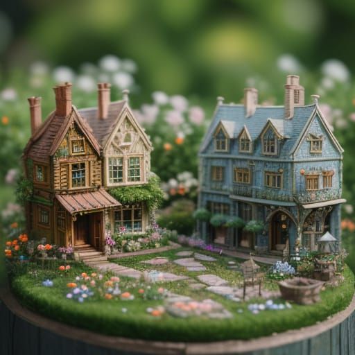 Whimsical Miniature Cityscape with Cute Rabbits and Delicate...