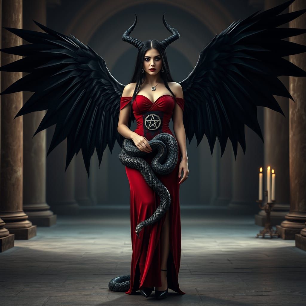 Dramatic Goddess with Snake in Ancient Temple