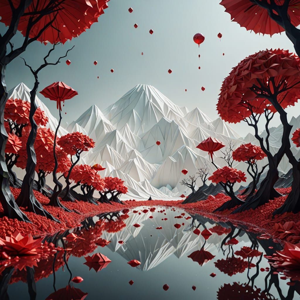 Ethereal Origami World: A Dreamlike Alien Landscape in Red a...