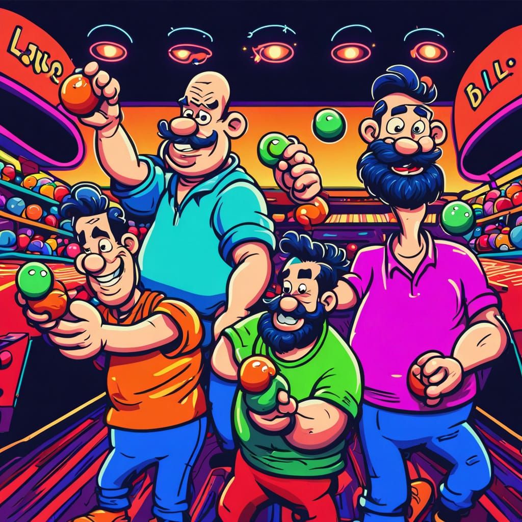 Popeye, Olive, and Bluto Bowling in Cartoon Style