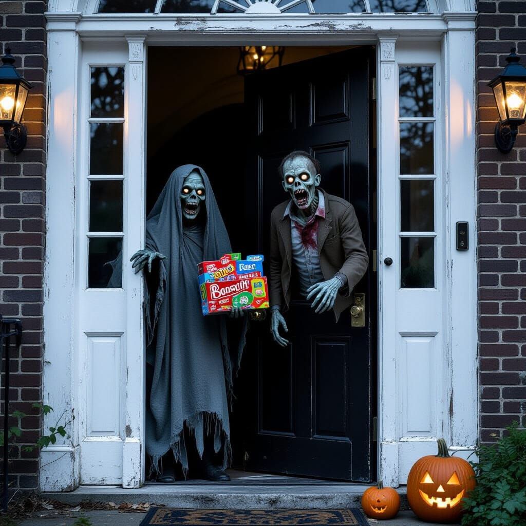 Spooky Ghosts and Zombies Knocking for Halloween Candy