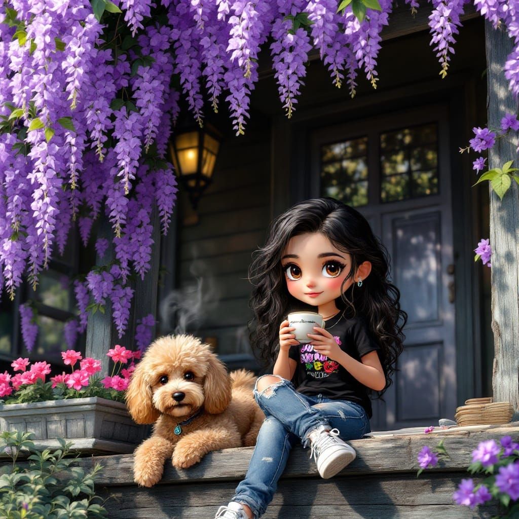 Whimsical Chibi Woman Sips Matcha Latté in Vibrant Garden
