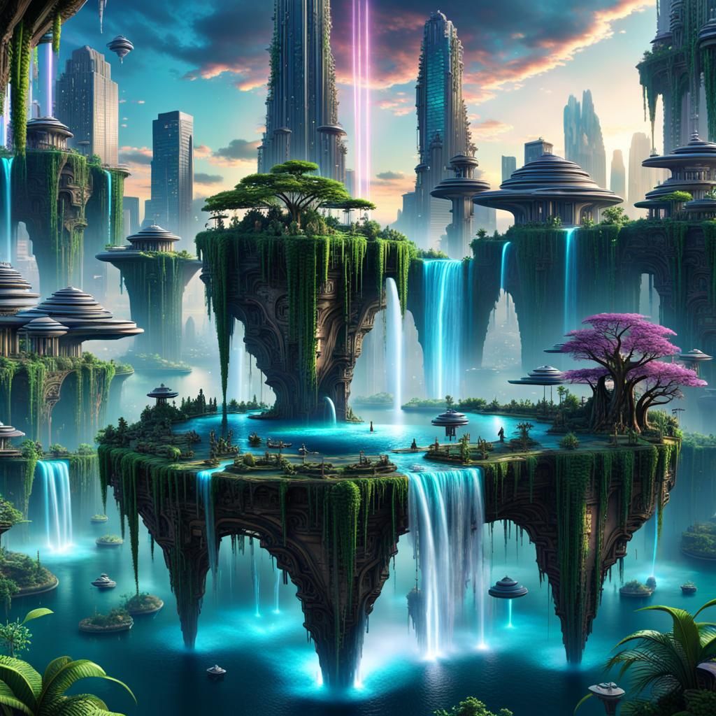 Surreal Futuristic Cityscape with Holographic Waterfalls