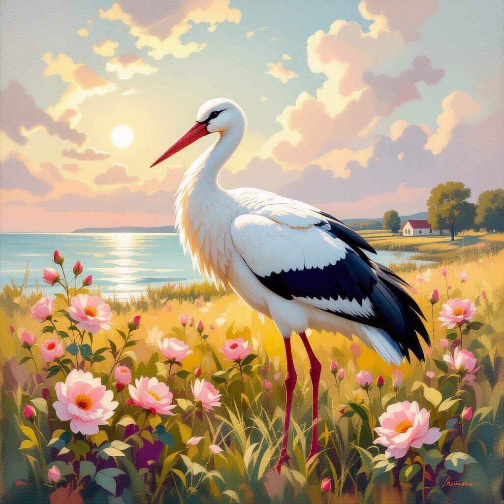 Stork on the Farm in Impressionist Rococo Style
