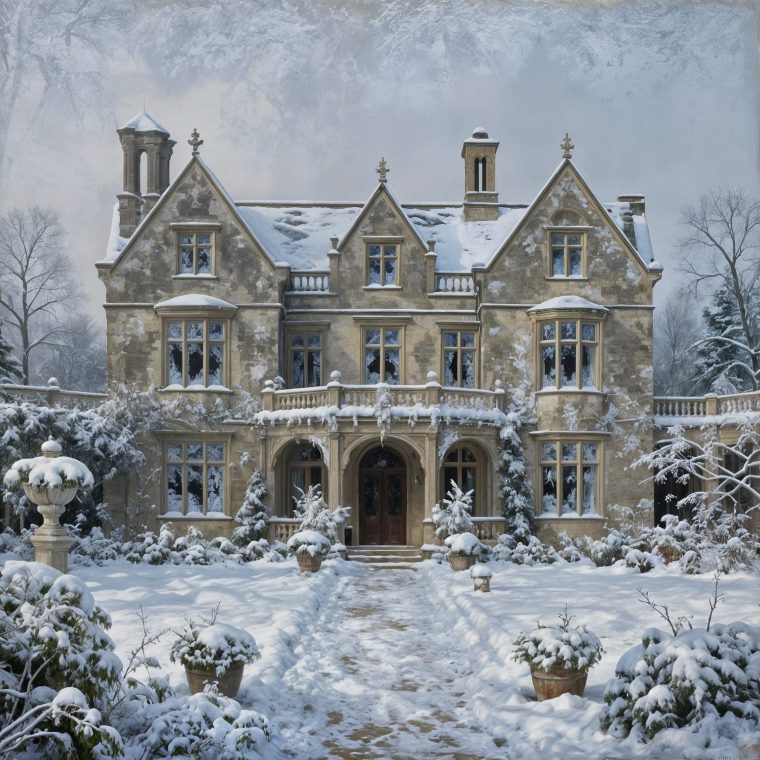 Surrealism. Medium shot. An antique manor sits in a beautiful winter garden. Snow layers cover the ground. Close up. Oil...