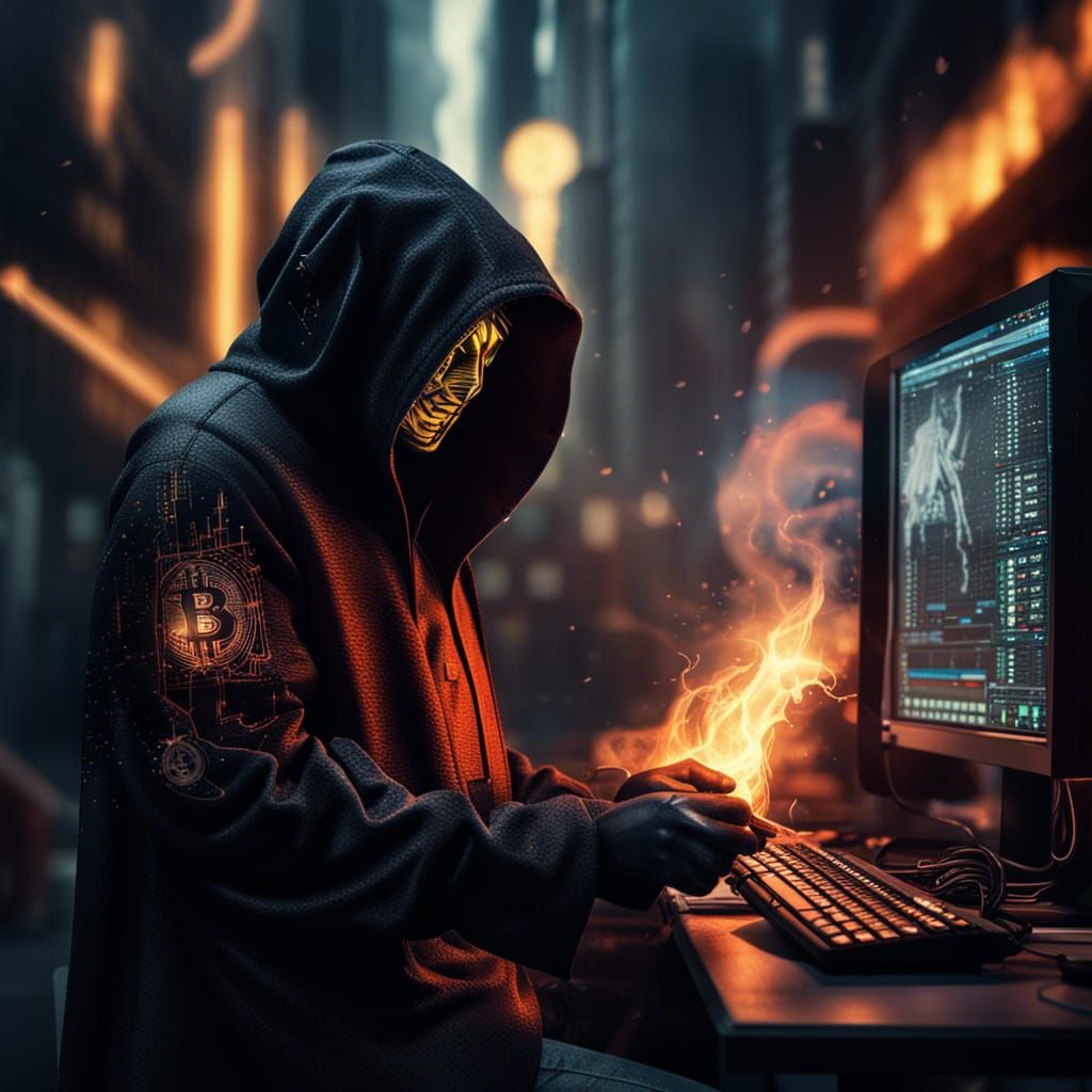 Realistic Dark city, hacker, half man half robot, around com...