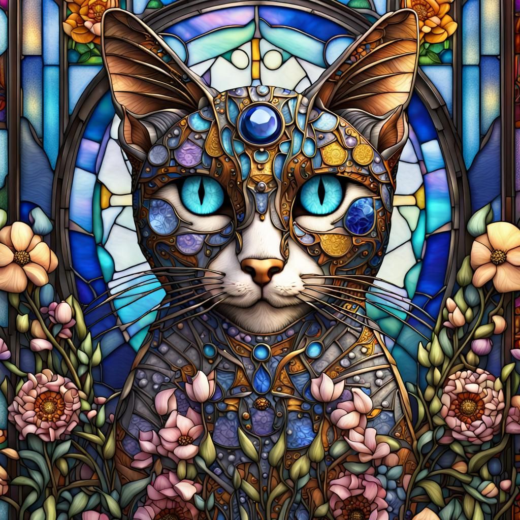 Mechanical Cat in Stained Glass Style