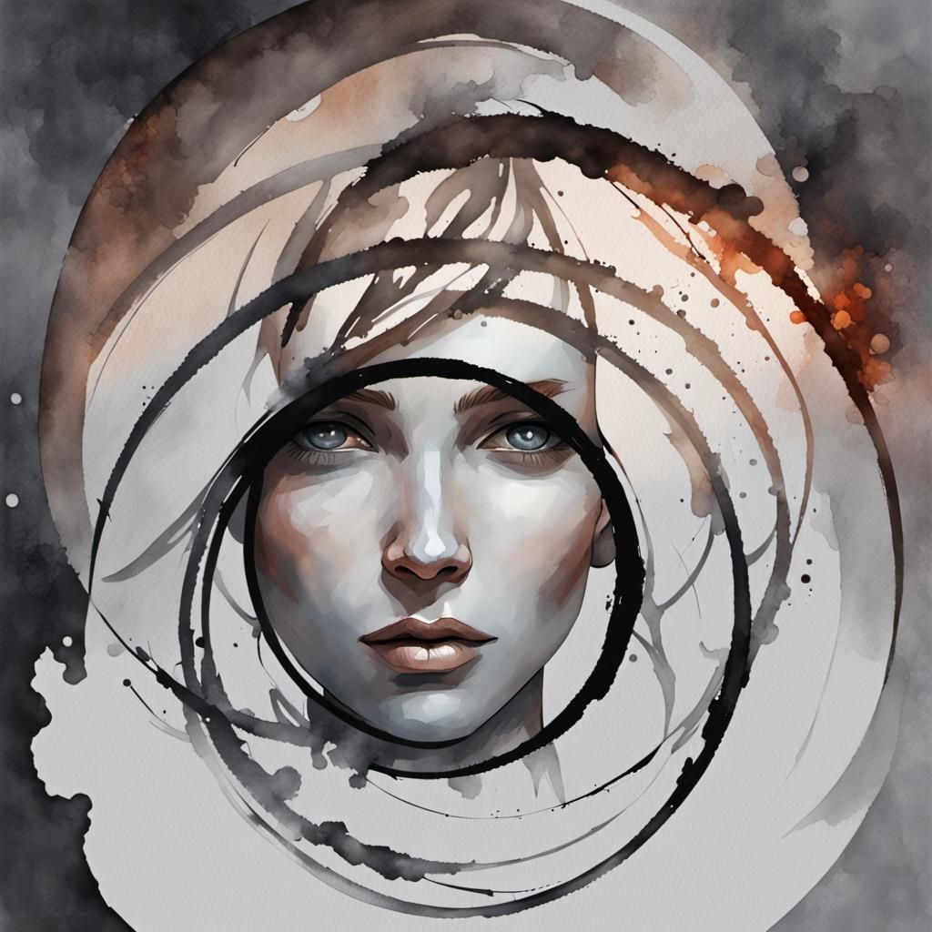 Watercolor Portrait with Steel Circle: Greg Rutkowski Style