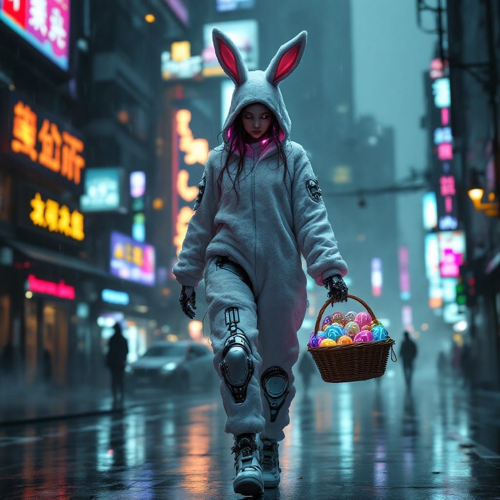 Cyborg Easter Bunny in Neon Futuristic Cityscape