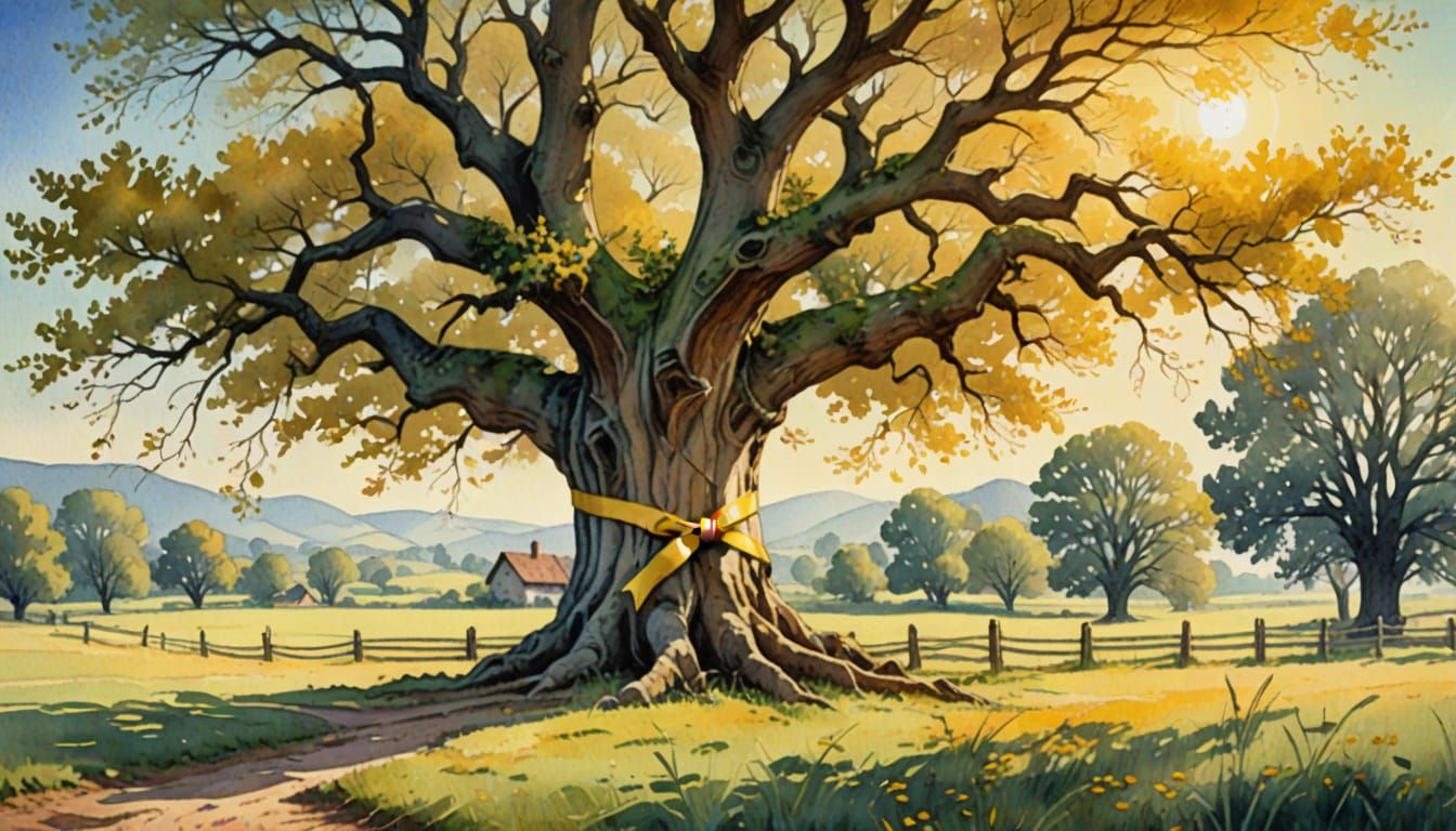 Whimsical Folk Art Illustration of a Yellow Ribbon on an Old...