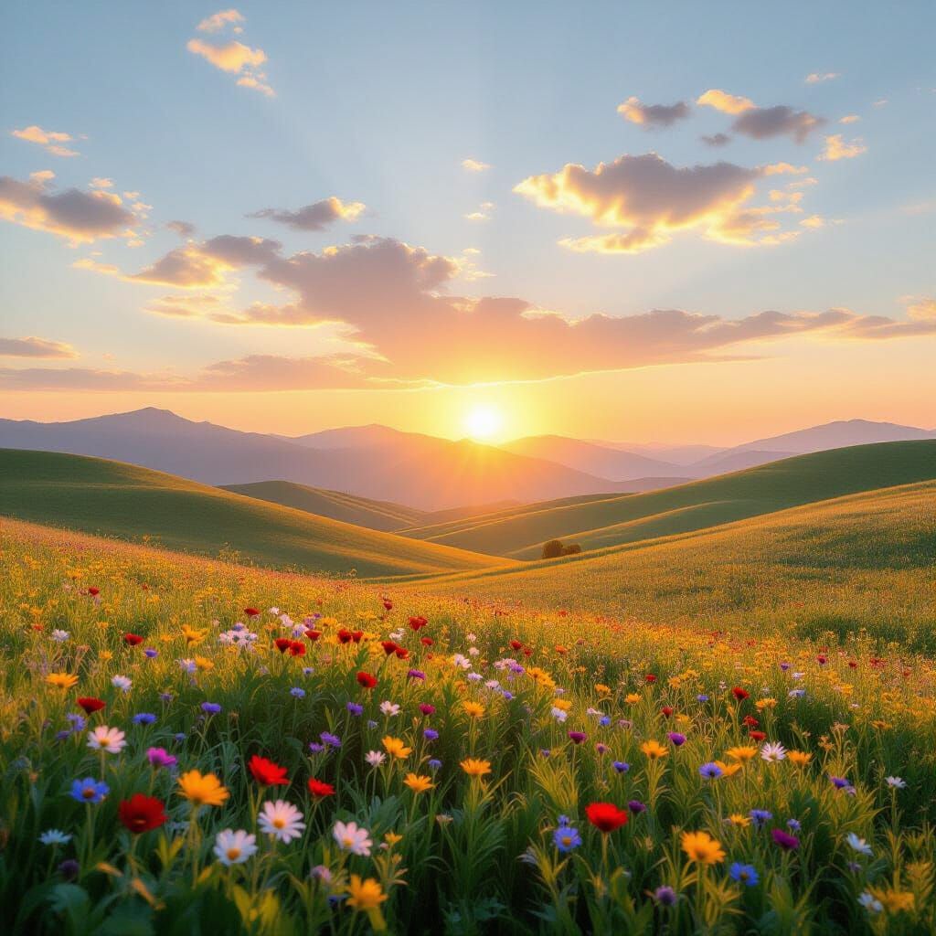 Serene Golden Hour Landscape with Wildflowers
