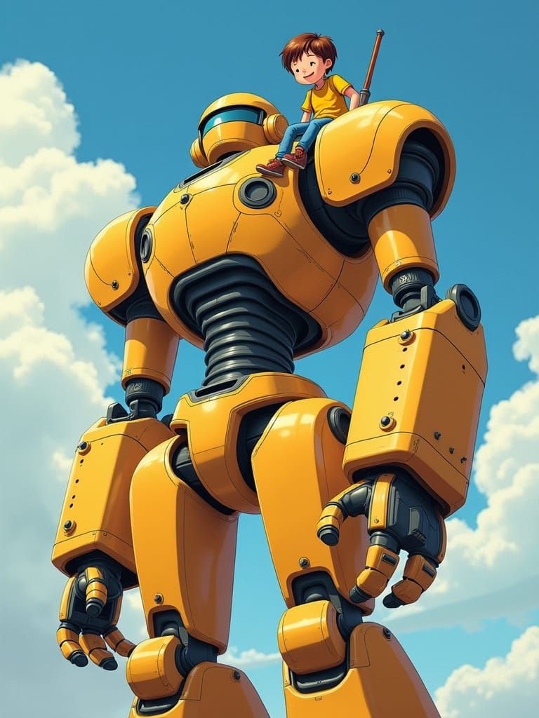 Boy and Robot Titan Friends in Sunny Sky, 2D Illustration