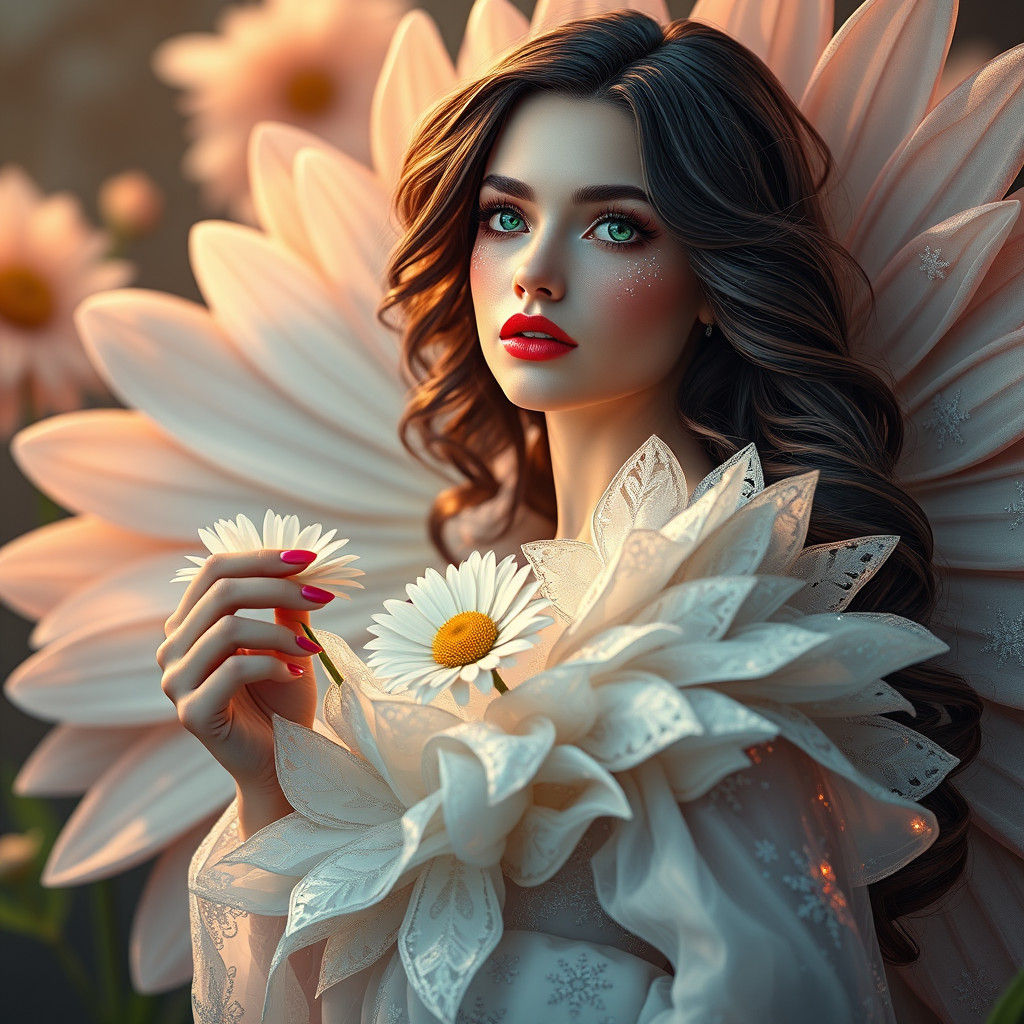 Woman in Snowflake Gown Emerges from Daisy