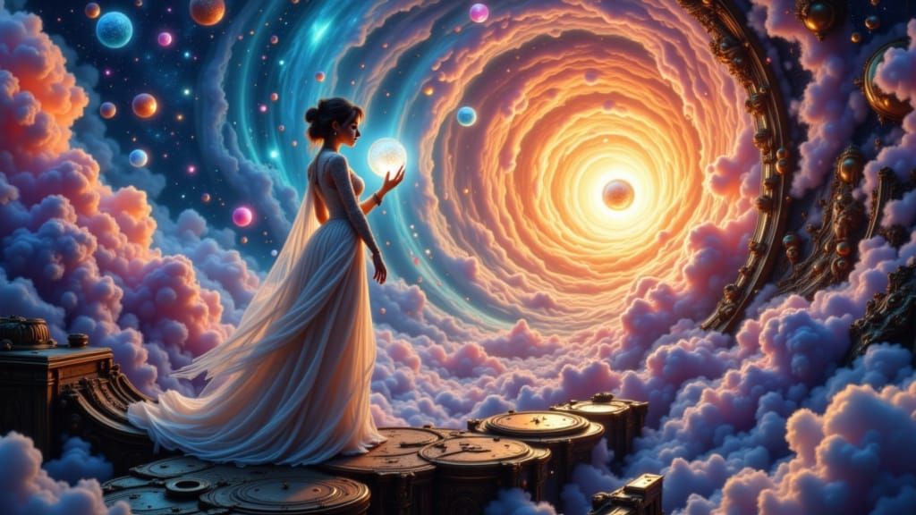 A lone woman, silhouetted against a vibrant, swirling cosmic...